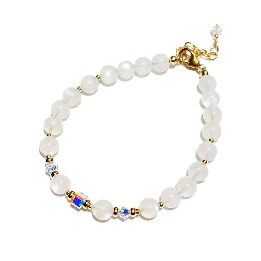 

Lii Ji 6mm Moonstone Natural Real Stone With Austrian Crystal 14K Gold Filled/Gold Injection Bracelet 18+3cm