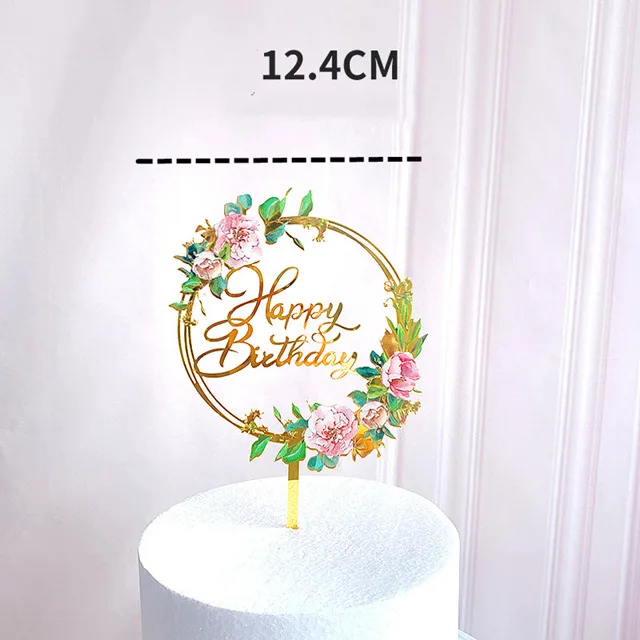 Neuer Happy Birthday Kuchenaufsatz mit Blumenmotiv, Goldener Acryl-Dessert-Dekor für Babyparty-Geschenke – Detail 13