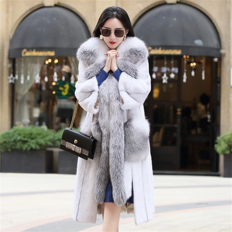 2020 New Women's Real Mink Fur Coat Long Winter Jacket Fox Fur Collar Fashion Luxury Natural Fur Coats and Jackets Women LL1208