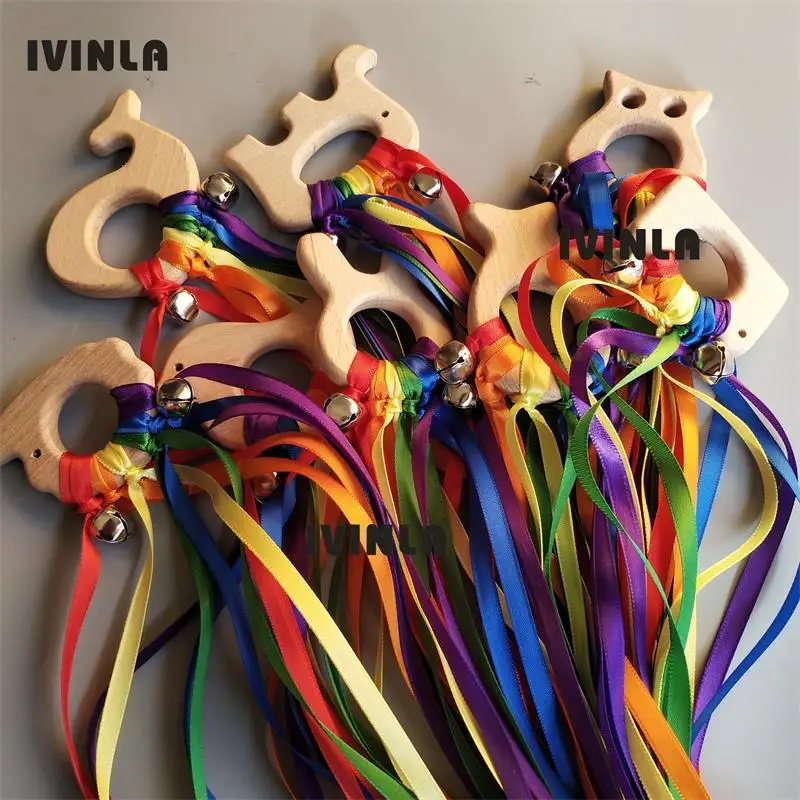 Rainbow Natural Wooden Ribbon Ring Animal Shape Waldorf Toys Baby Newborn Teether Montessori Sensory Toys with bell Shower Gift