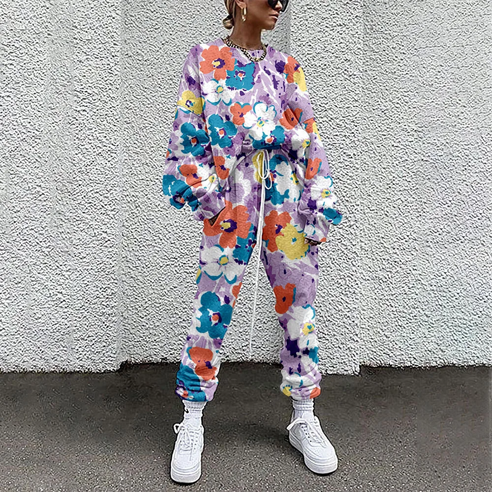 Floral Print Autumn Women Blouse + Pants Long Sleeve Loose Blouse Pants Casual Tracksuit Outfit 4XL Warm Clothes Lady