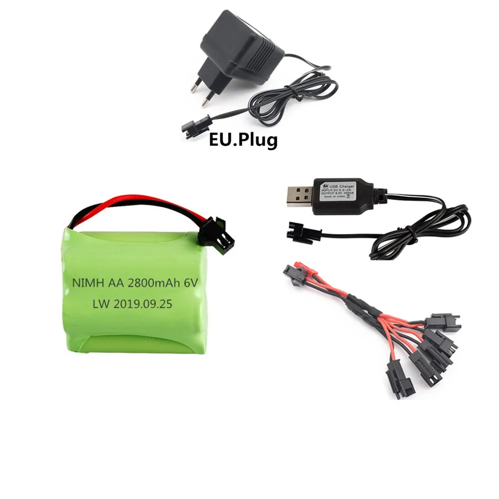 Bateria recarregável 6v 2800mah ni-mh + carregador 6v, para brinquedos rc, barcos, carros, caminhões, armas, robôs, aa, 6v, com plugue sm