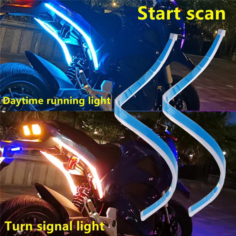 

2 pcs 12V Universal DRL Motorcycle LED Daytime Running Light Scan Waterproof Headlight Strip Sequential Flow Yellow Turn Signal