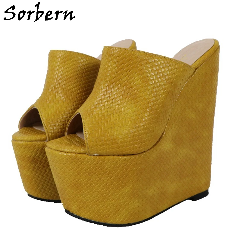 

Sorbern Yellow Waved Style Women Slippers Open Toe Slip On Sandal Summer Shoes Wedges Platform Unisex Slides Outdoor Custom