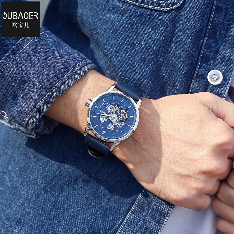 OUBAOER Fashion Blue Leather Wristwatches Mens Mechanical Skeleton Watch Top Brand Luxury Male Automatic Clock Relogio Masculino