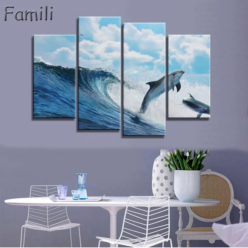 4pcs Art Modern sea green blue beach Wave picture decoration canvas painting wall picture for living room home decor unframed