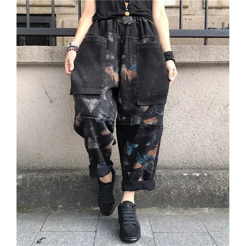 Phổ Biến Người Phụ Nữ Cao Cấp Thời Trang Retro Denim Quần Nữ Lưng Thun Quần Ống Rộng Rời Jean Femme Quần In Hình Quần Jean