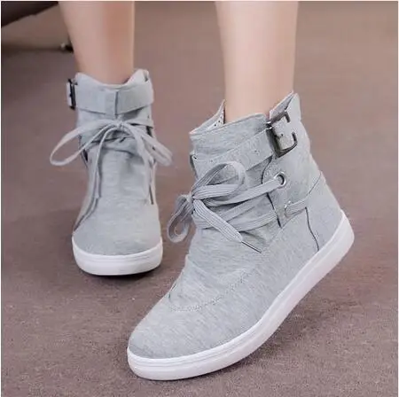 Black Gray Round Toe Platform High-top Canvas Buckle Shoes Woman Lace Up boots Student Flat Ankle Boots Botas Mujer 896p