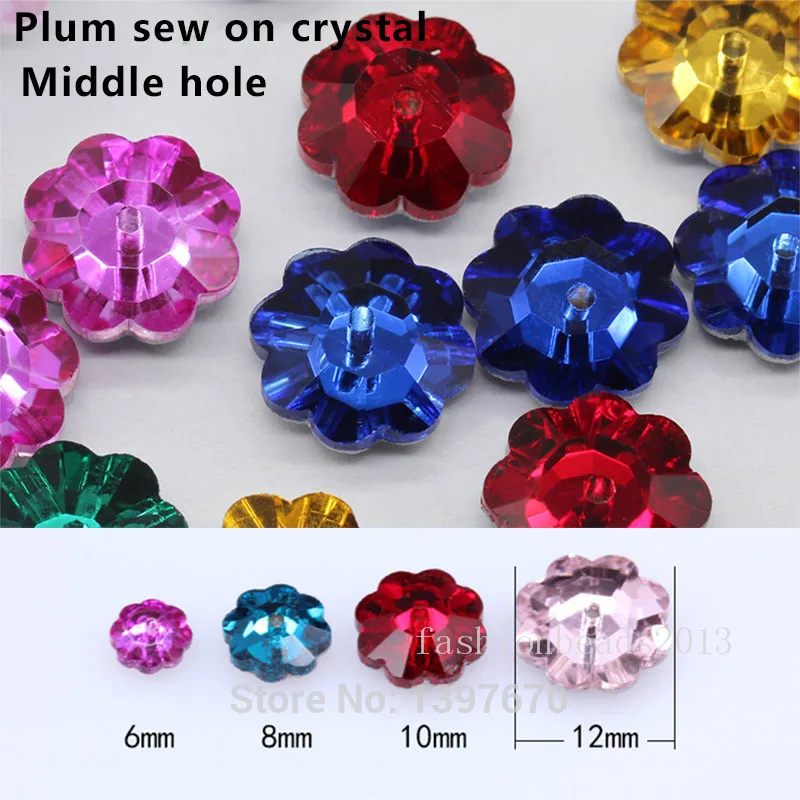 72p 6mm middle hole plum flower button beads gem stones crystal glass flatback sew on rhinestones jewels for Garment Decoration