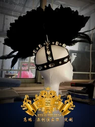 DS dance team guest headdgear DJ hat Nightclub rivet black feather headdress feather hat