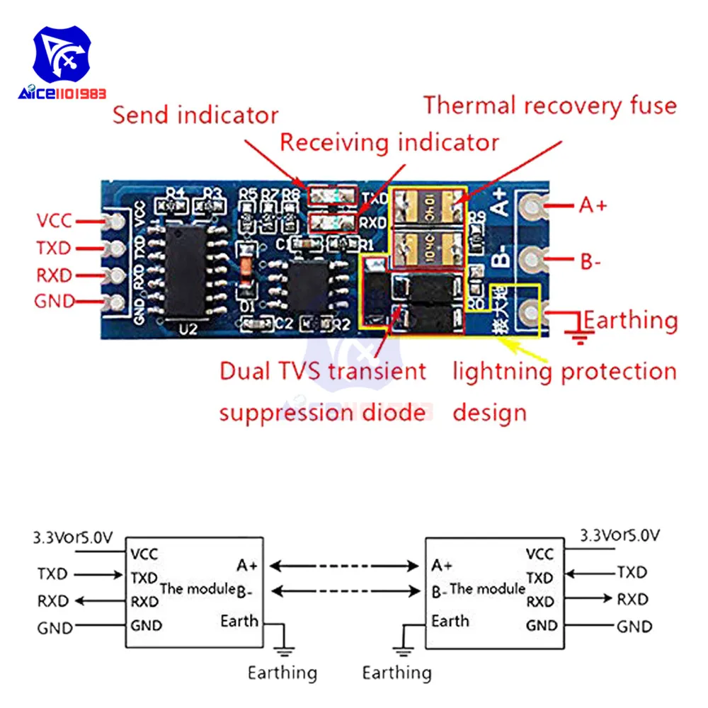 Diymore-UART Serial Port Converter Módulo Função, RS485 para TTL Converter, SCM Módulo de Controle Automático de Fluxo