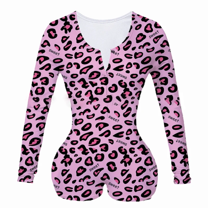 Sexy Women V-neck Print Sleepwear Jumpsuit Yoga Sportswear Button Bodysuit Shorts Romper Long Sleeve Tracksuit  Gym Wear /2