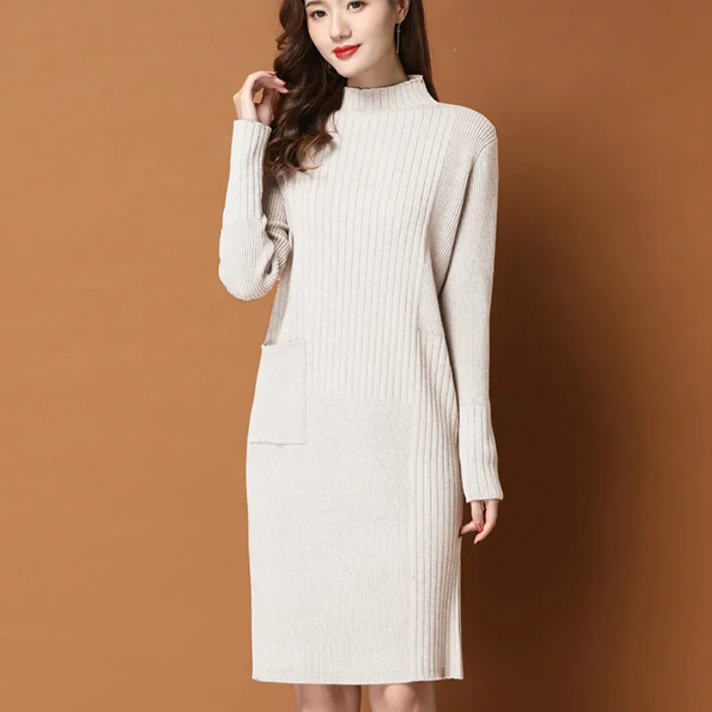 Autumn Winter Lady Women Turtleneck Warm Sweaters Dress Long Sleeve Knitted Pullover Dress