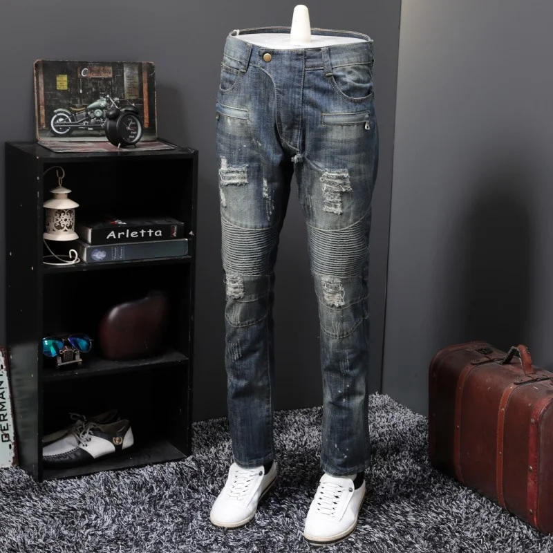 Mens Fashion Moto Biker Spring Summer New Hole Ripped Denim Pants Slim Fit Plus Size 29-40 Male Straight Casual Jeans Trousers