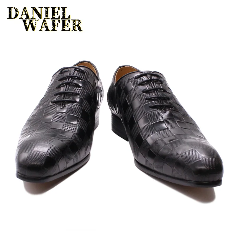 Fashion Male Shoe Luxury Oxford Men Dress Genuine Leather Shoes Black Plaid Prints Lace Up Wedding Office Business Formal Shoes