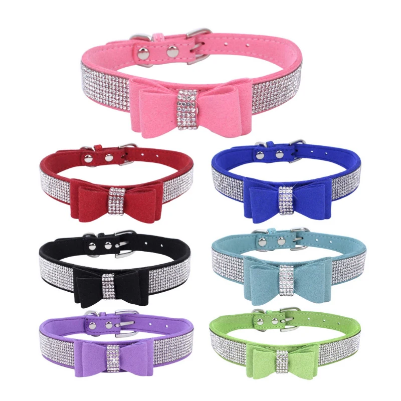 Collares de cuero ajustables con diamantes de imitación para perros pequeños, medianos, Chihuahua y Pug, talla XXS a L