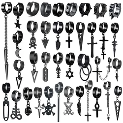 2023 New Black Punk Stainless Steel Women Men Hoop Earrings Small Trendy Round Cross Pendants Jewelry Accessories Gifts Earrings