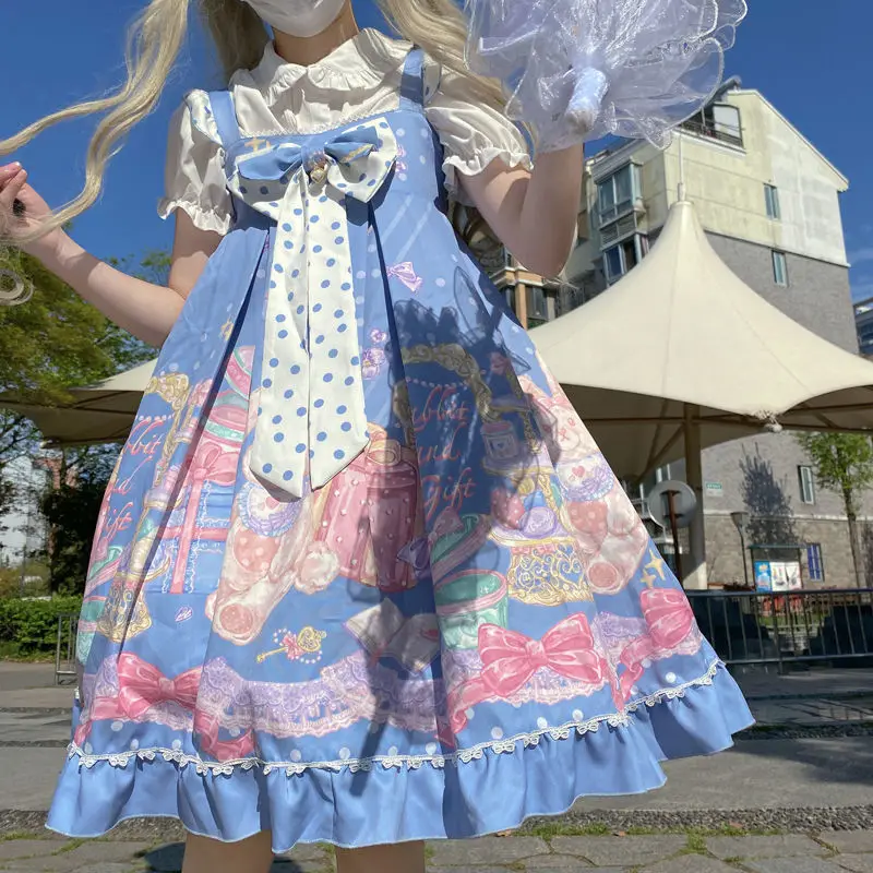 Japanese Retro Kawaii Lolita Jsk Dress Women Blue Bow Ruffles Princess Dresses Girls Victorian Gothic Lolita Suspender Dress