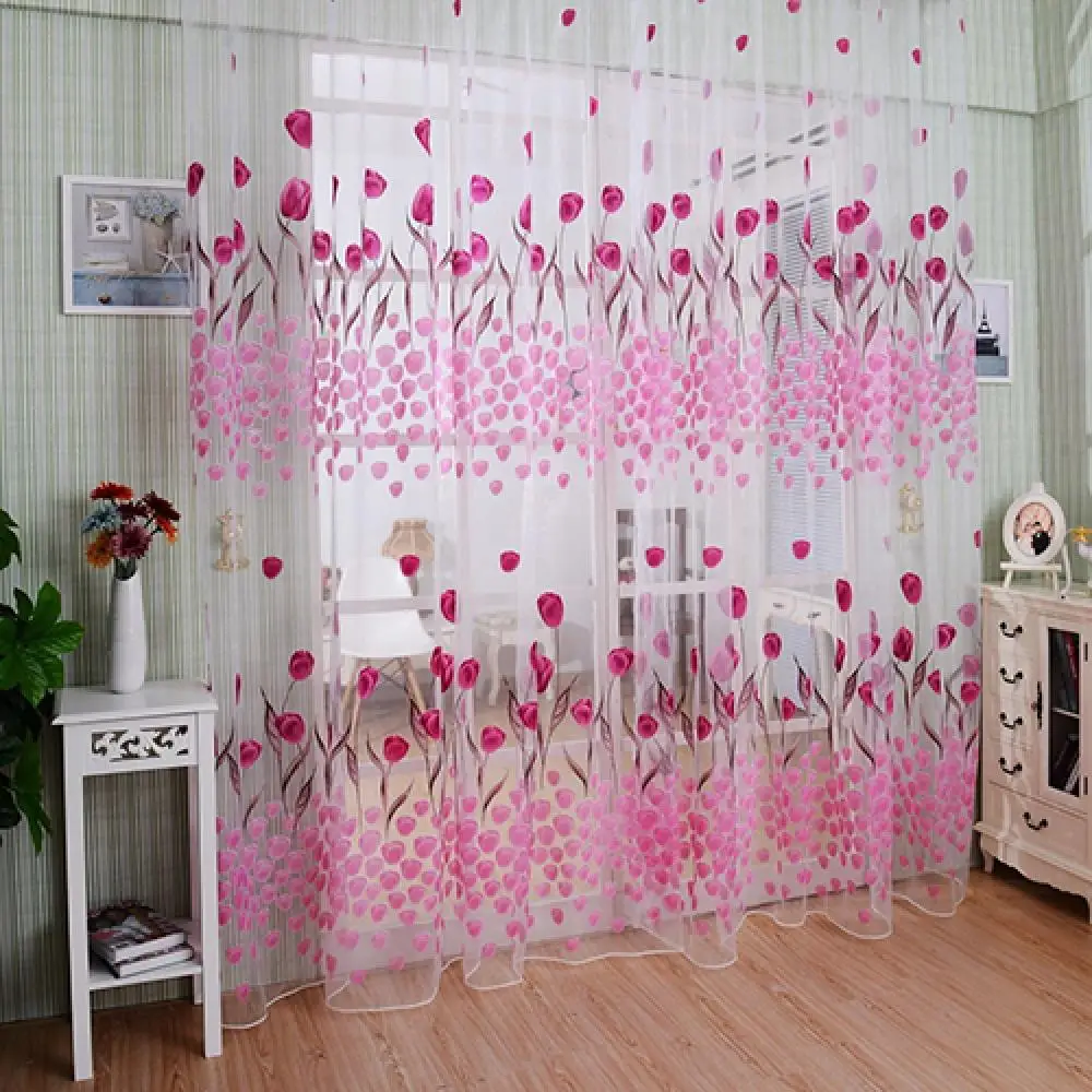 Window Curtains Romantic Tulip Print Voile Sheer Room Decor Curtain Drape Divider Valance Door Living Room Curtain