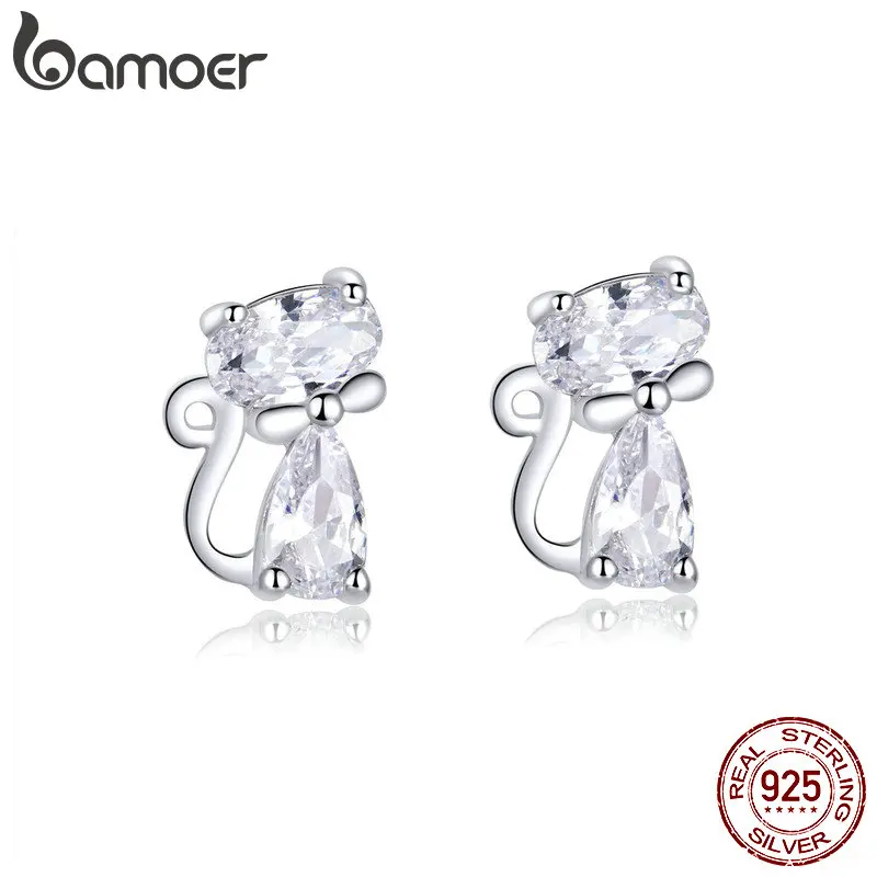 bamoer Cat Silver Stud Earrings Sterling Silver 925 Clear CZ Cute Animal Ohrringe Hypoallergenic Female Gift  Brincos BSE206