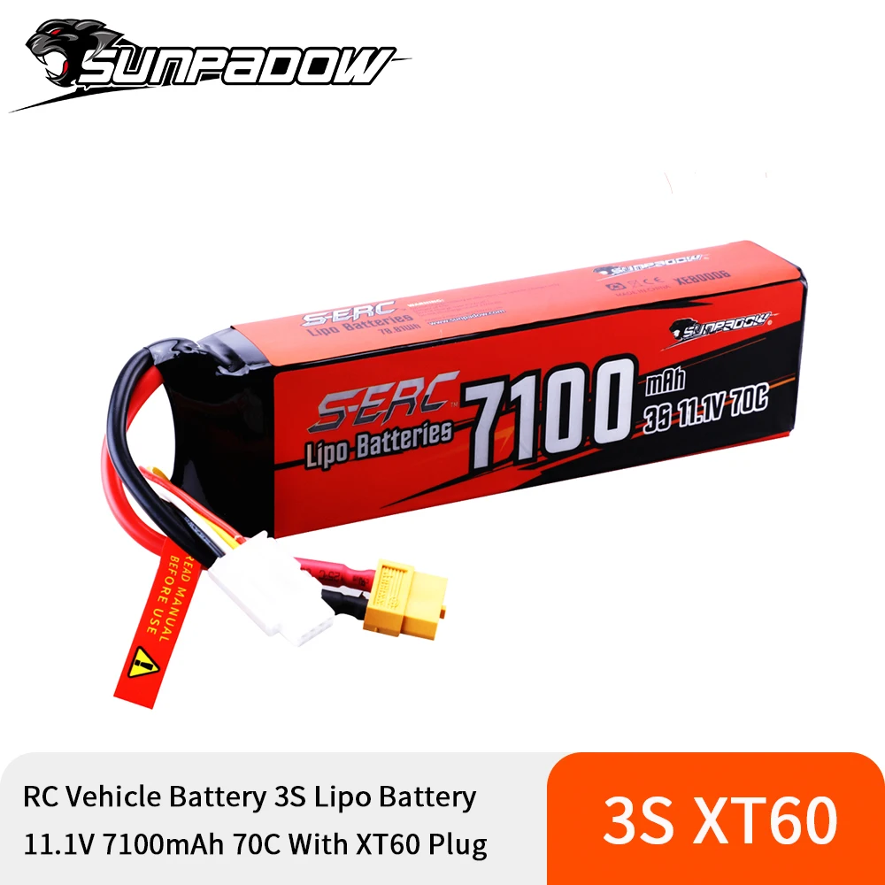 Sunpadow 3S 11.1V Lipo Battery 7100mAh 70C Soft Pack with XT60 Connector for RC Model Vehicle Car Truck Tank Buggy Racing Hobby