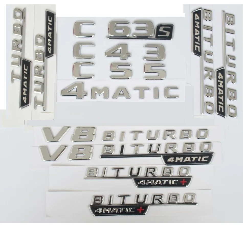 

Chrome Letters C32 C43 C55 C63 Symbols V8 BITURBO 4MATIC Sticker for Benz AMG W204 W205 Trunk Fender Emblems