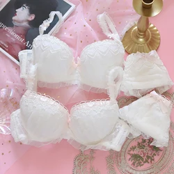 Wriufred Sweet underwear cute white star lace bra set with steel ring gathered girl bralette set thin section women lingerie