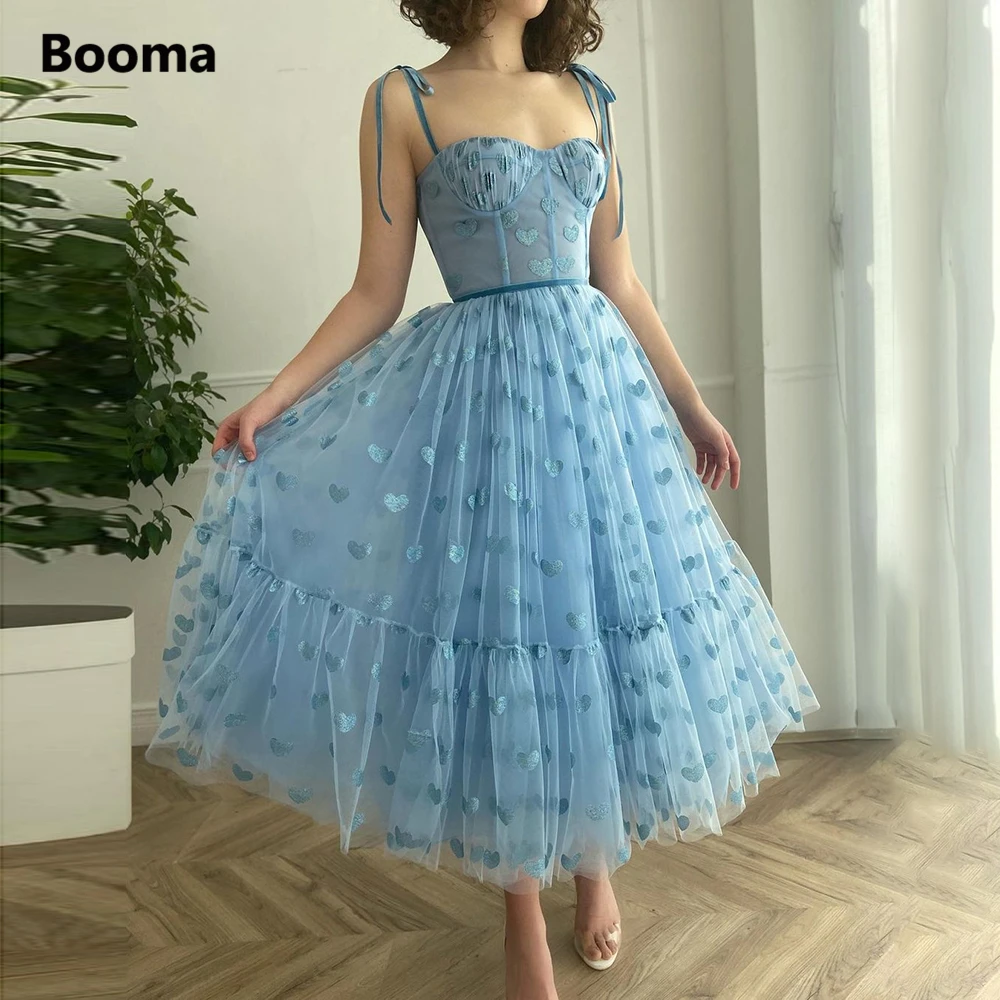 Booma Baby Blauw Stevig Tulle Prom Dresses Spaghettibandjes Sweetheart Midi Prom Jassen Thee-Lengte A-lijn Formele Party Jurken