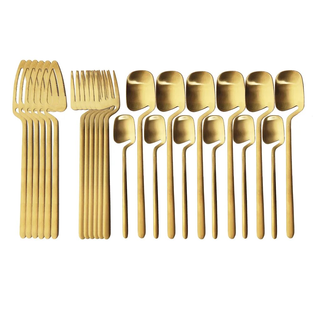 

24pcs Gold Tableware Set Kitchen Decor Spoon Fork Knife Dinnerware Sets Matte Black Cutlery Ice Cream Desserts Soup Coffee Use