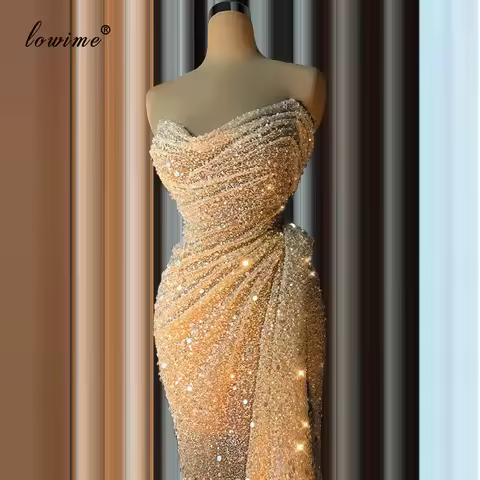 Champagne Turkish Sequins Cocktail Dresses 2020 Mermaid Floor Length Prom Dress Strapless Evening Gowns Arabic Abiye Vestidos