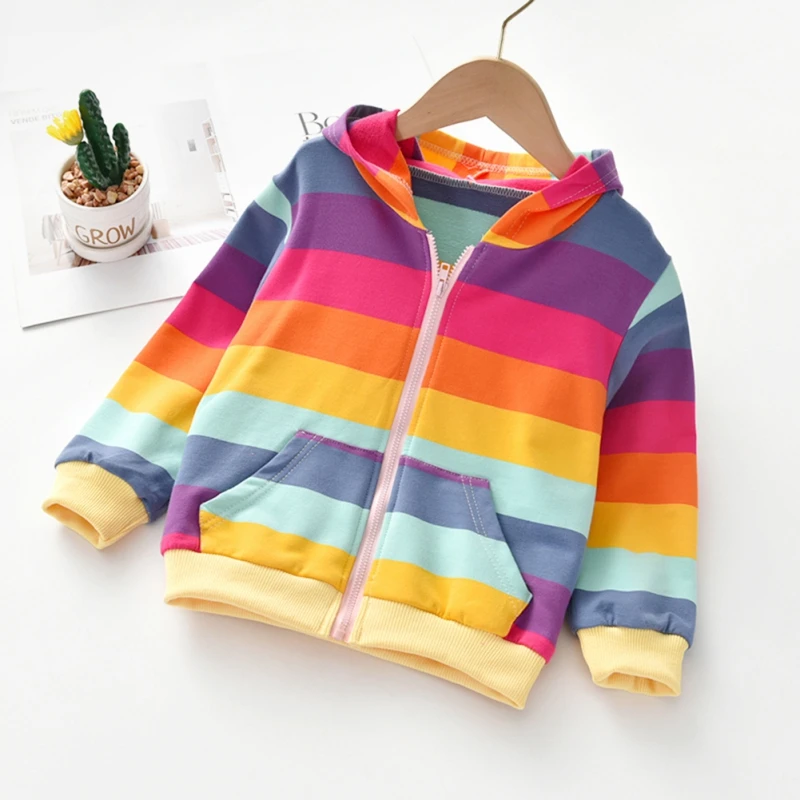 Autumn Baby Girls Hoodie Jacket Kids Sweater Shirt Rainbow Stripe Long Sleeve T-Shirt Children Tops Zipper Sweatshirt Child Coat