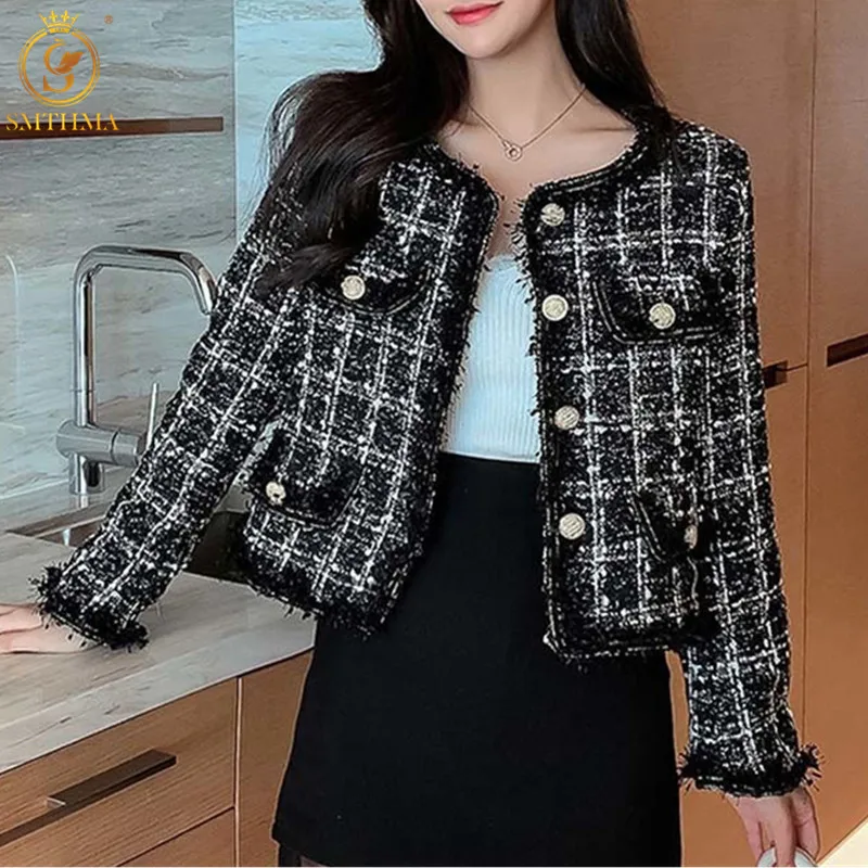 

SMTHMA High-Quality Temperament Ladies Runway Style Tweed Women Short Jacket Women New Autumn Elegant Female Fashion Coat Top