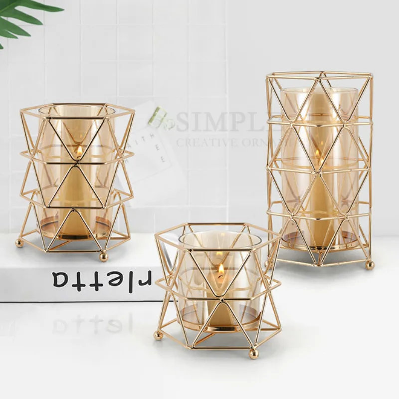 Lanterne Metal Glass Candle Holders Golden Wedding Windproof Small Modern Nordic Candlestick Centro De Mesa Home Decor MM50ZT