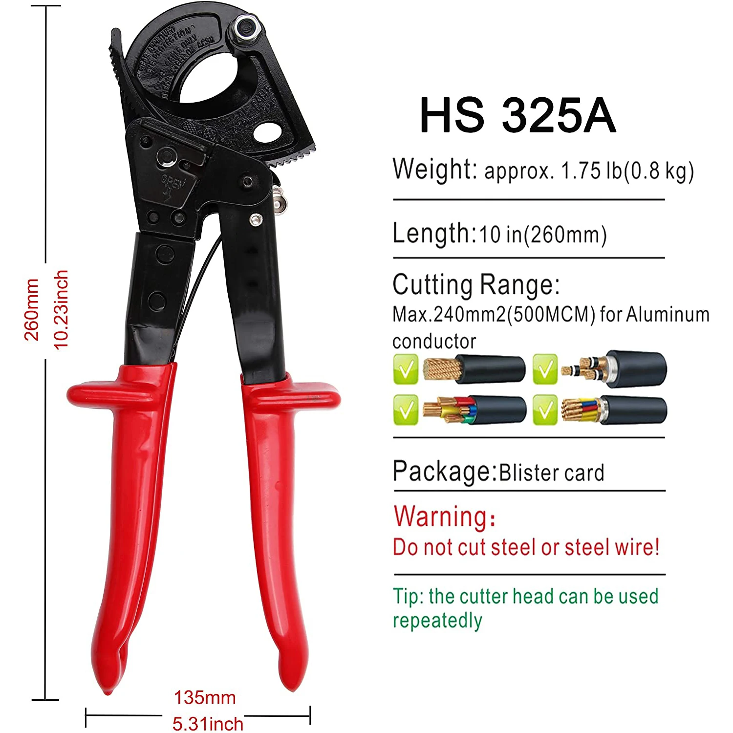 Cutting Plier Red HS-325A Hand Cable Cutter,Heavy Duty Aluminum Copper Ratchet Cable Cutter Tool Wire Cutter Up To 240mm²