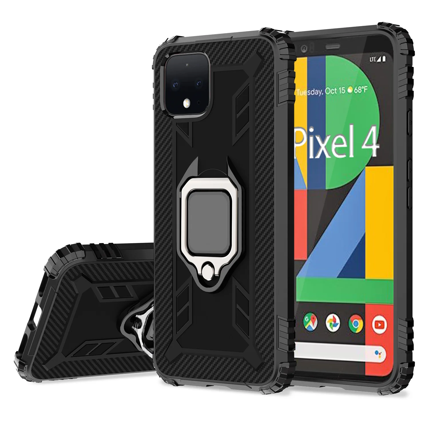 For Google Pixel 5 4 XL 4A 5G Case Soft Silicone Carbon Fiber With Magnetic Metal Finger Ring Stand Holder Protective Back Cover