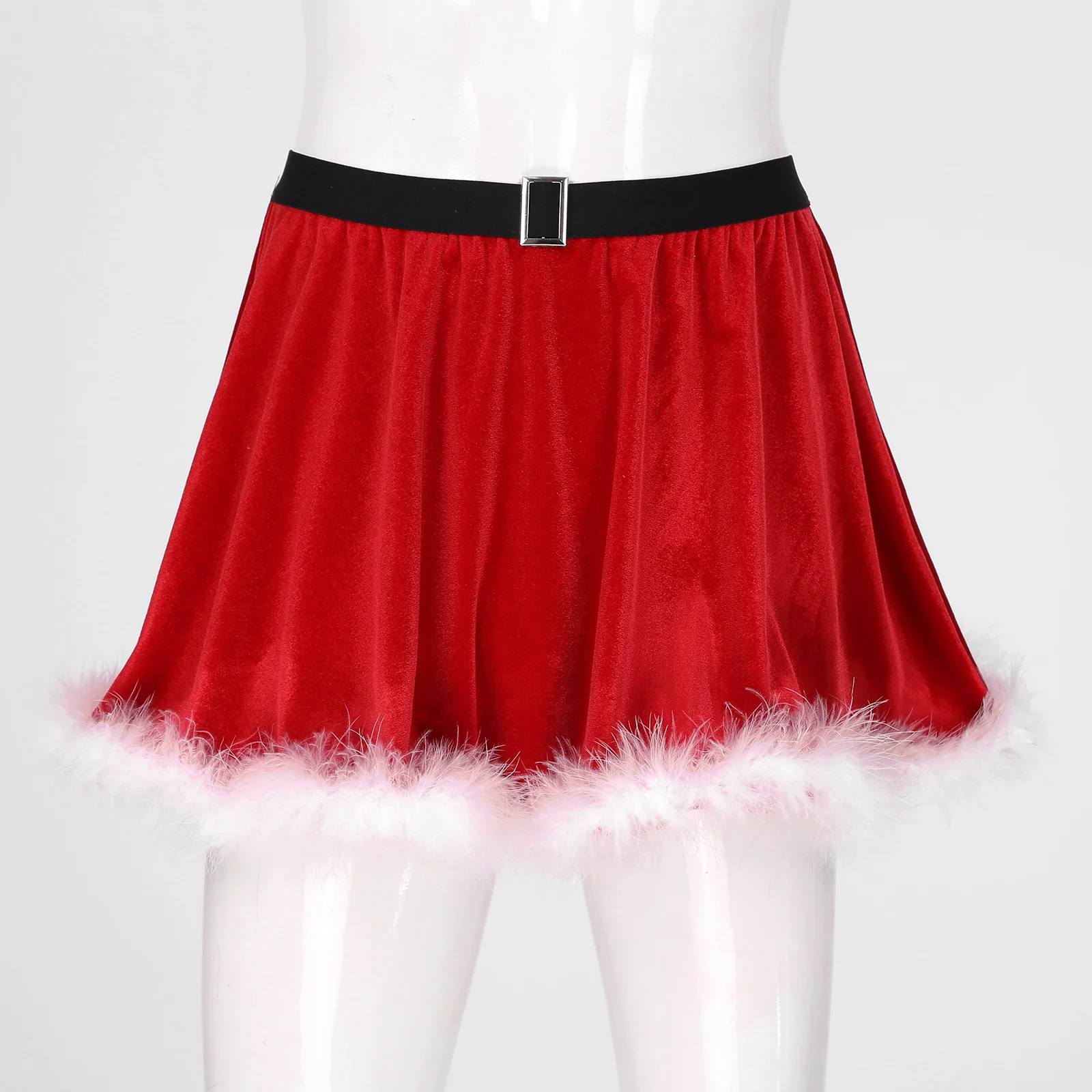 Men's Mr Santa Claus Costumes Feather Trimming Velvet Christmas Skirt Elastic Waistband Miniskirt Sissy Crossdresser Nightwear