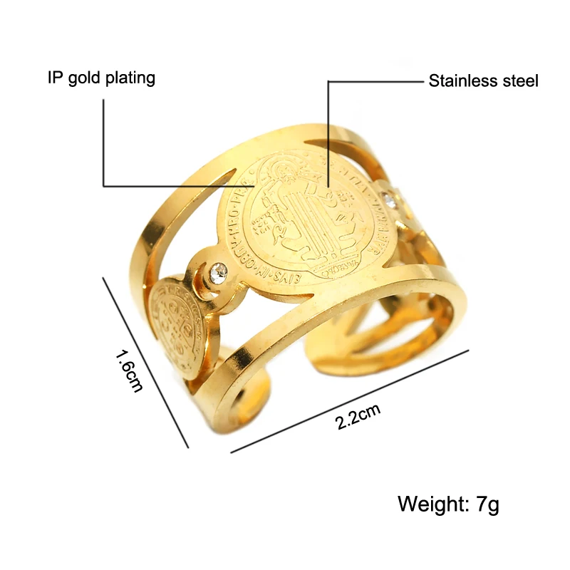 Men\'s Saint Benedict Open Ring Catholic Church Jesus San benito Rings For Women Stainless Steel Jewelry Accessories