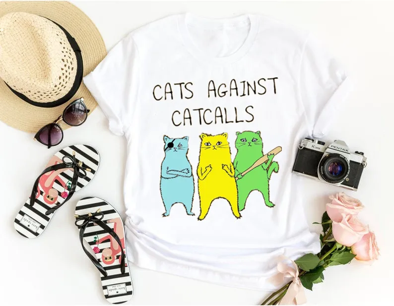 Cats  Against Catcalls slouchy t-shirt Mom Short Sleeve Women's Harajuku Mama 100%cotton  Aesthetic O Neck Top Tee Drop Shipping