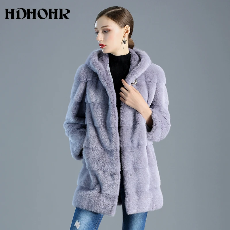 HDHOHR-abrigos de piel de visón Real para ocio, chaquetas de piel de visón Natural, chaqueta cálida de cuello alto, púrpura, a la moda, 2024