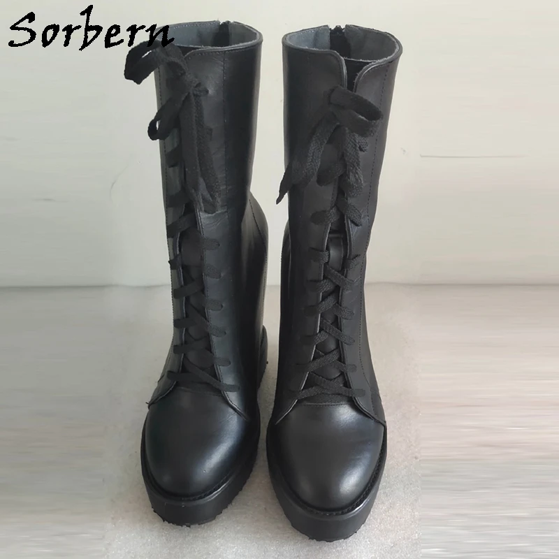 Sorbern Black Cow Real Leather Boots Women Wedges High Heel Sneakers Round Toe Platform 15Cm Plus Size Eu42 Ankle Booties