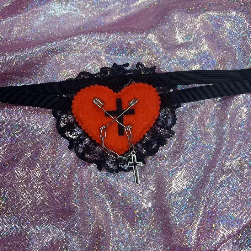 Gothic Lolita Red Heart Lace Cross Chain Eyepatch Cosplay Eye Patch Accessories