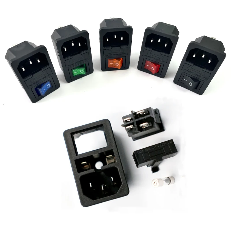 With 10A Fuse! Red Rocker Switch Fused IEC320 C14 Inlet Power Socket Fuse Switch Connector Plug Connector Red Green Blue Black