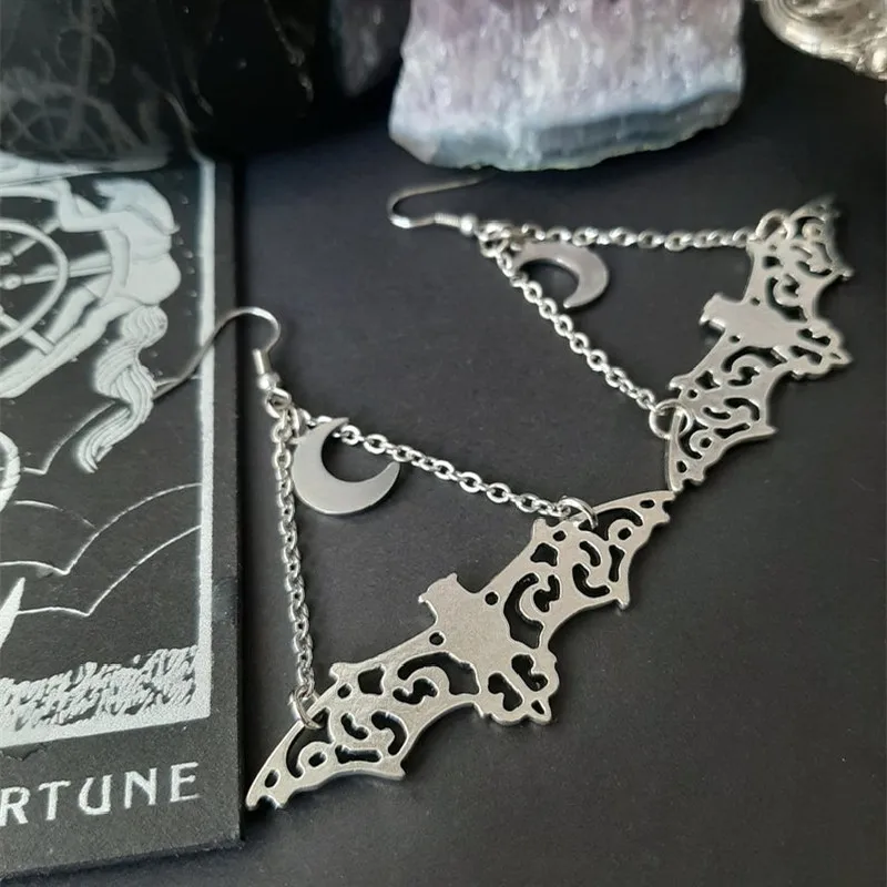 New Goth Bat & Moon Chain Earrings Crystal Alternative Minimal Romantic Statement Punk Jewelry Witchy Gift Stones Women Gift