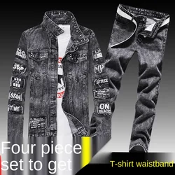 Men's Denim Jacket Jeans Pants Letters Printing Long Coat Trousers 3 Pcs Set Casual Single Breasted