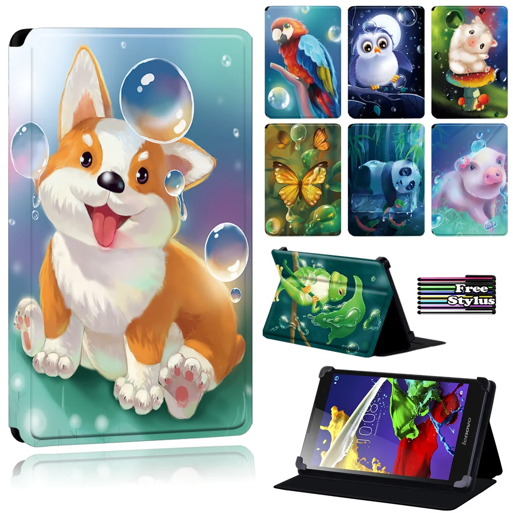 Juste Pour Lenovo Tab 2 A8/A7-10/A7-10F/A10-70/Tab 3(7 Essential/10.1)/Tab 4(8/10/8 Plus/10 Plus) -Étui Pour Tablette Animal Mignon + Stylo