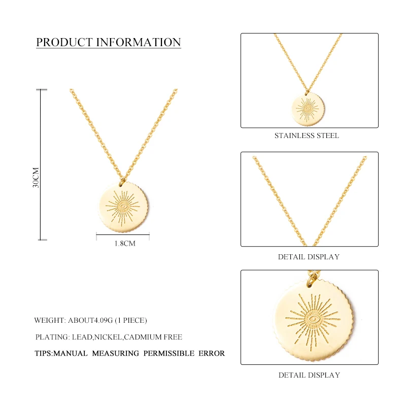 Gold Plated New Women Stainless Steel Necklace Round Disc Pendant With Eyes Pattern Clavicle Necklace Wedding Jewelry Wholesale