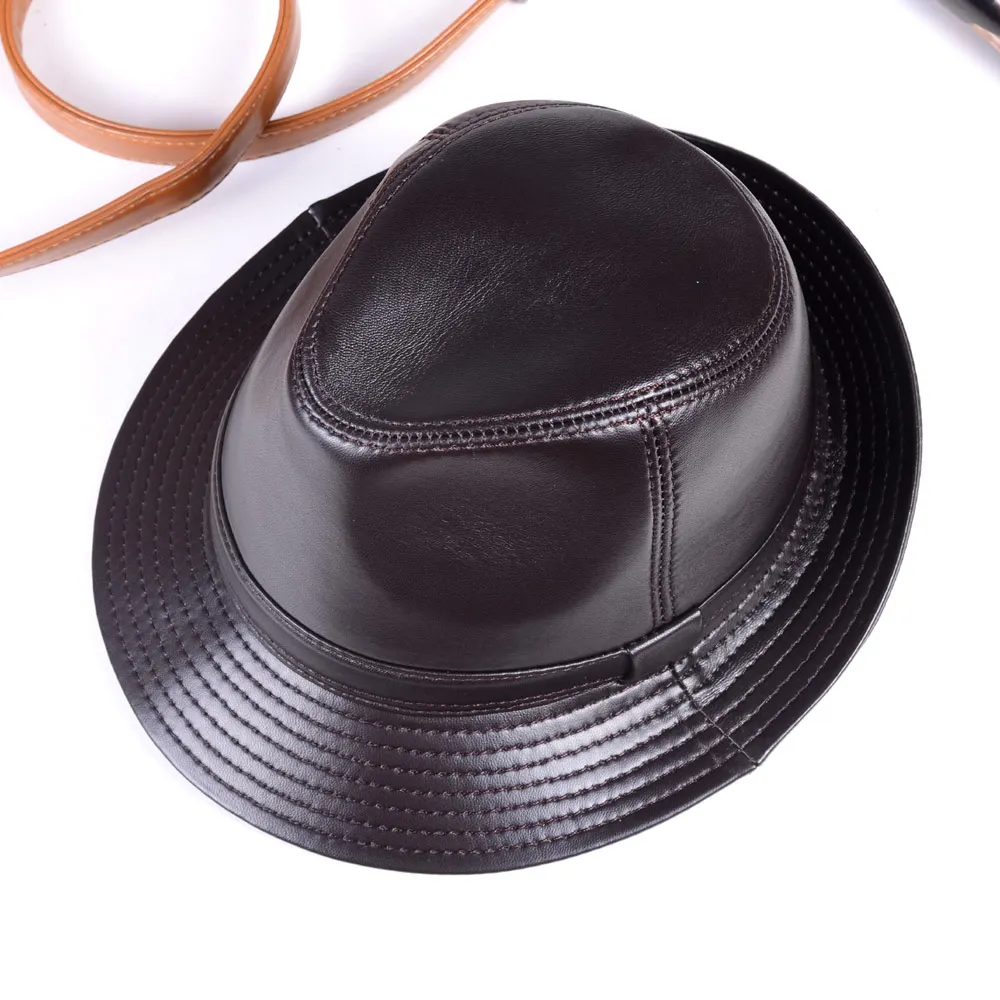 New Women\'s Men\'s 100% Real Leather Sheep Skin Top Hat gentleman cap Fedora Hats/Caps