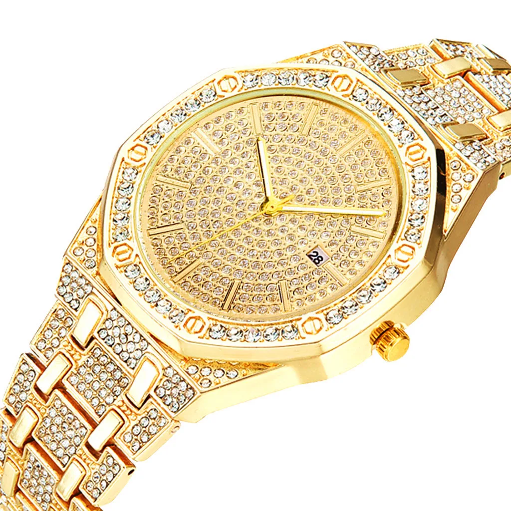 Iced Out Watch for Men Gold Watch Quartz Calendar Cool Watch Bling Bling Crystal Diamond Luxury Mens Watch Dropshipping Relogio