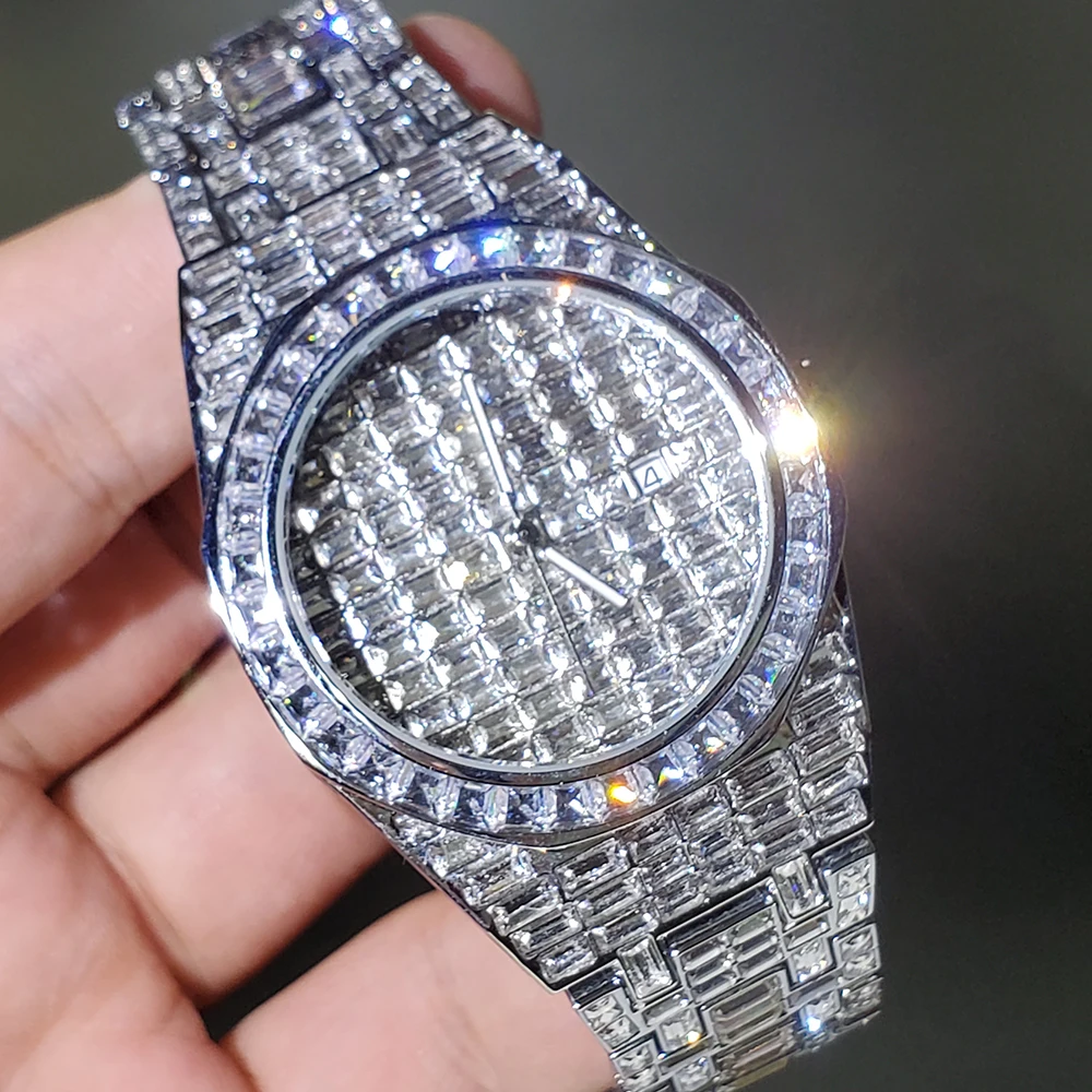 Montre de luxe pour hommes, style Hip Hop, montre-bracelet à Quartz, Date, argent, diamant glacé