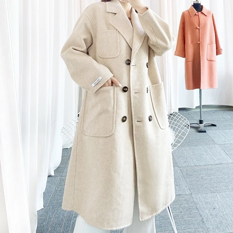

Womens 2022 New Turn-Down Collar Double Breasted Wool Coat Pockets Solid Elegant Office Lady Korean Style Lengthen Outerwear